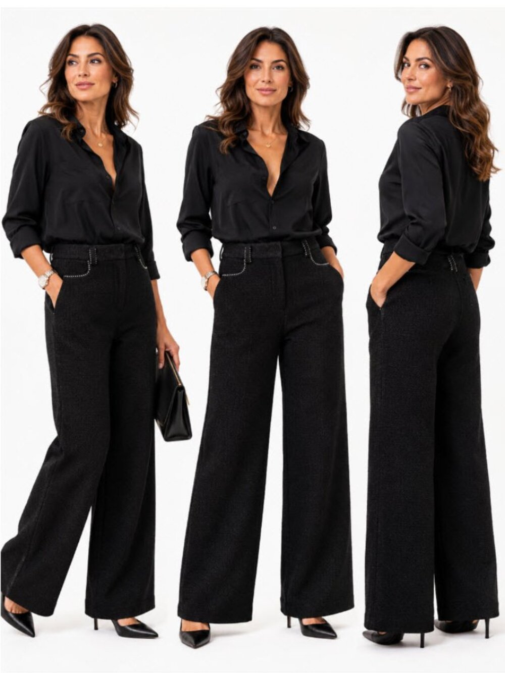 Maje Black Tweed wide leg with Embellished Belt Loops